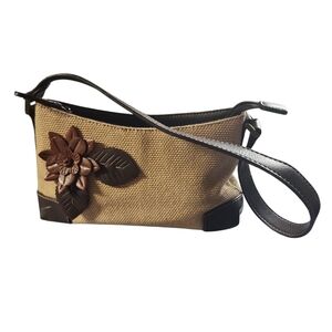 Liz Claiborne Small Brown Leather Floral Cotton Canvas Handbag Purse Clutch 9"